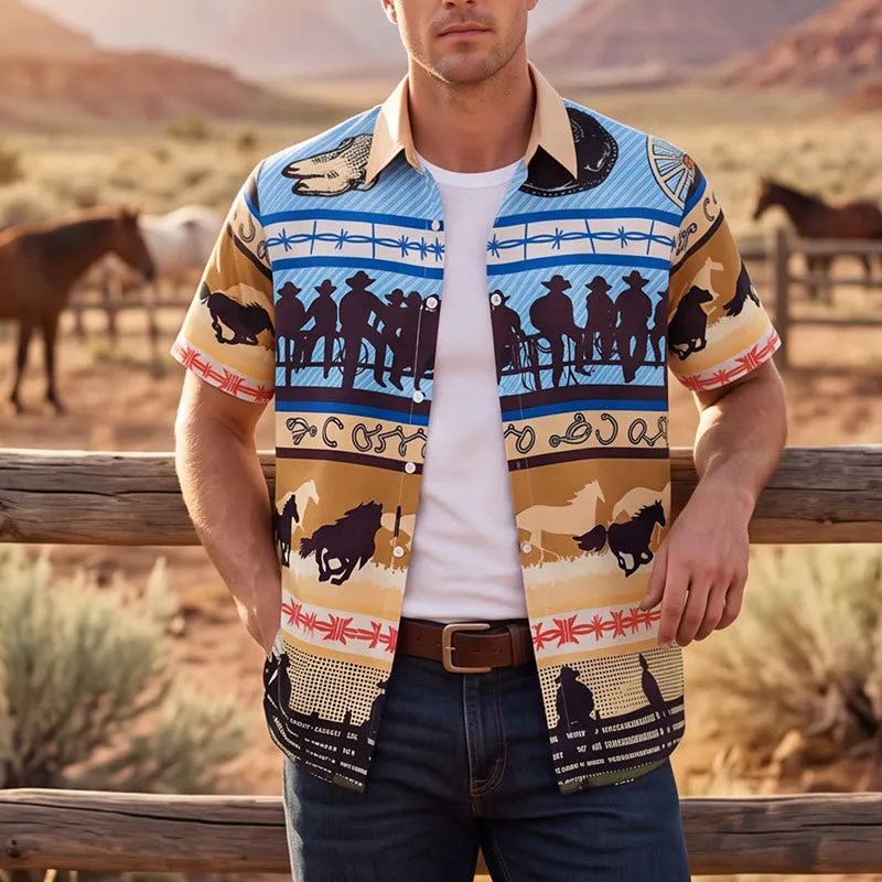 Men's Tan & Blue Cowboy Silhouette & Horse Herd Print Shirt made by FloralTrip
