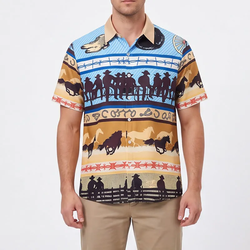 Men's Tan & Blue Cowboy Silhouette & Horse Herd Print Shirt sold by FloralTrip product image thumbnail 2