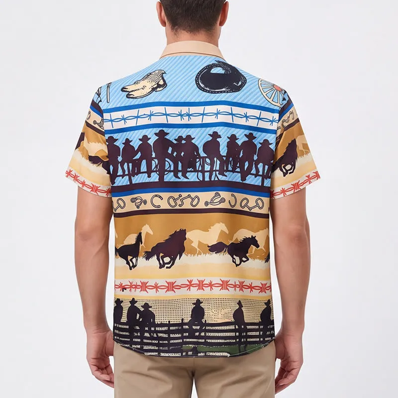 Men's Tan & Blue Cowboy Silhouette & Horse Herd Print Shirt sold by FloralTrip product image thumbnail 3