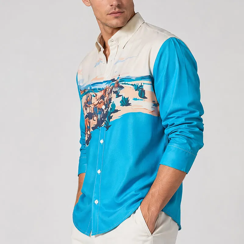 Men's Teal & Cream Western Cattle Drive Landscape Print Shirt sold by FloralTrip product image thumbnail 4