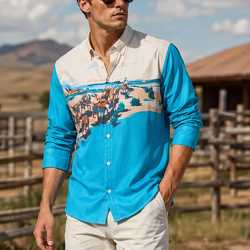 Men's Teal & Cream Western Cattle Drive Landscape Print Shirt made by FloralTrip