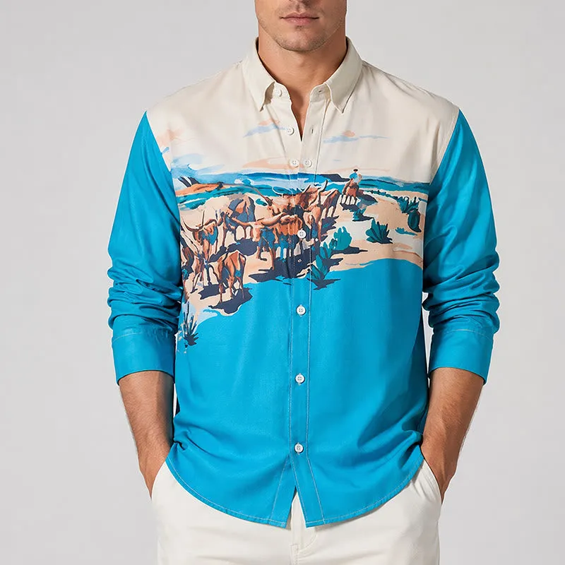 Men's Teal & Cream Western Cattle Drive Landscape Print Shirt sold by FloralTrip product image thumbnail 2