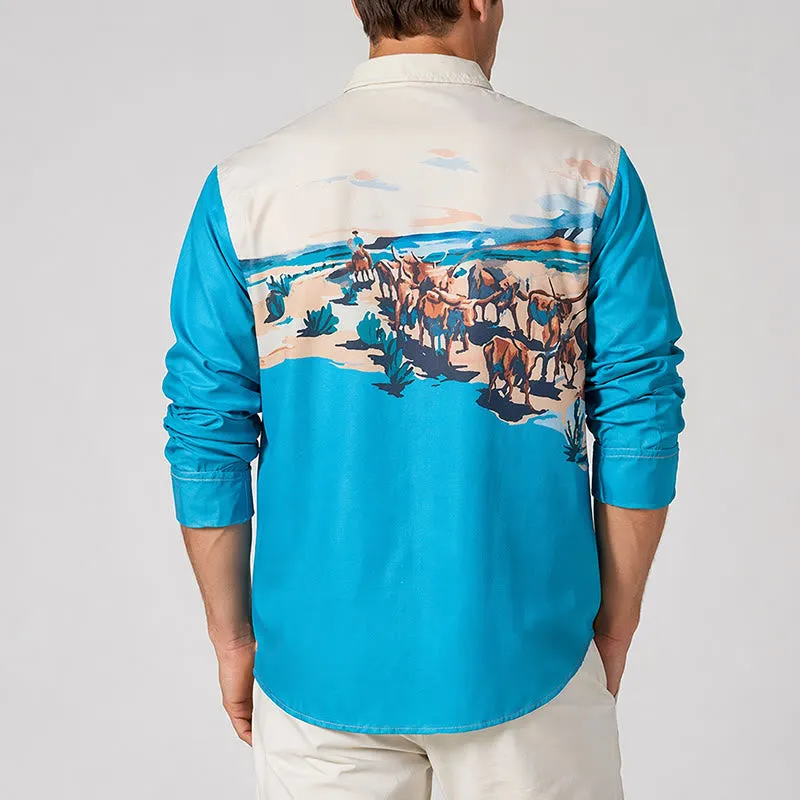 Men's Teal & Cream Western Cattle Drive Landscape Print Shirt sold by FloralTrip product image thumbnail 3