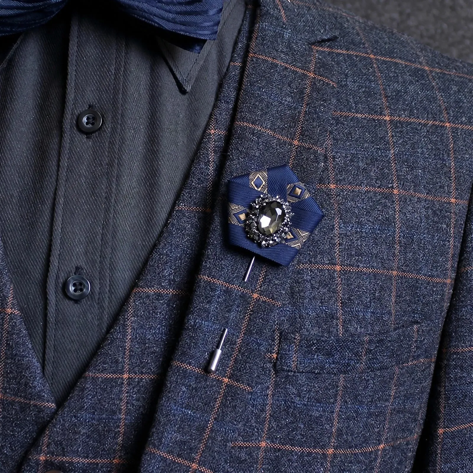 Men's Smoky Crystal Geometric Fabric Lapel Pin Brooch sold by FloralTrip