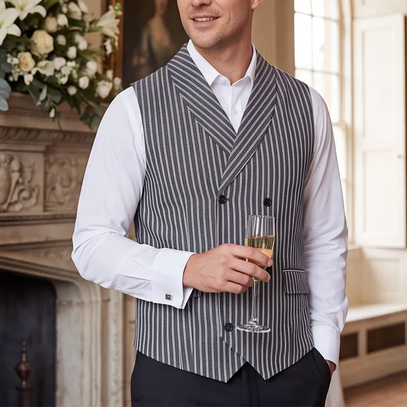 Men's Grey Striped Business Gentleman Slim Fit Retro Suit Vest made by FloralTrip