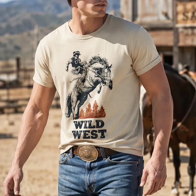 Wild West Bucking Bronco Rider Crew Neck T-shirt sold by FloralTrip