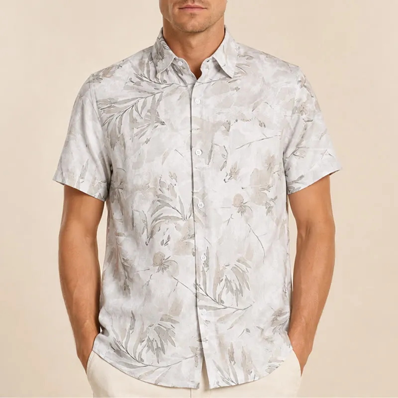 Men's Vintage Grey Leaf Floral Print Light Mature Casual Shirt sold by FloralTrip product image thumbnail 2