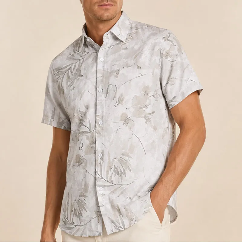 Men's Vintage Grey Leaf Floral Print Light Mature Casual Shirt sold by FloralTrip product image thumbnail 4