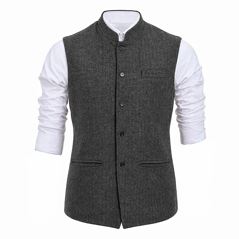 Men's Mandarin Collar Herringbone Tweed Waistcoat Suit Vest sold by FloralTrip product image thumbnail 3