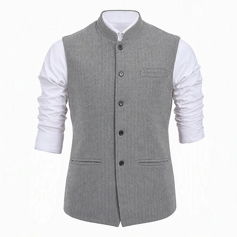Men's Mandarin Collar Herringbone Tweed Waistcoat Suit Vest sold by FloralTrip product image thumbnail 4