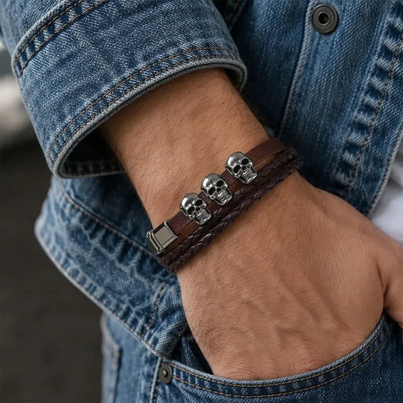 Double Layer Braided Skull Vintage Punk Leather Bracelet sold by FloralTrip product image thumbnail 3