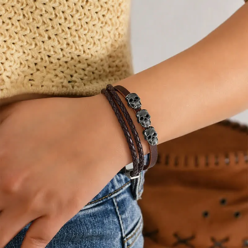 Double Layer Braided Skull Vintage Punk Leather Bracelet sold by FloralTrip product image thumbnail 2