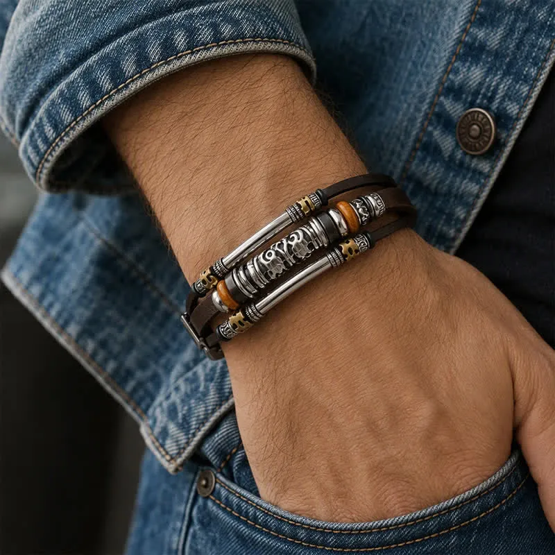 Punk Retro Hollow Alloy Bead Multi-strand Leather Bracelet sold by FloralTrip product image thumbnail 3
