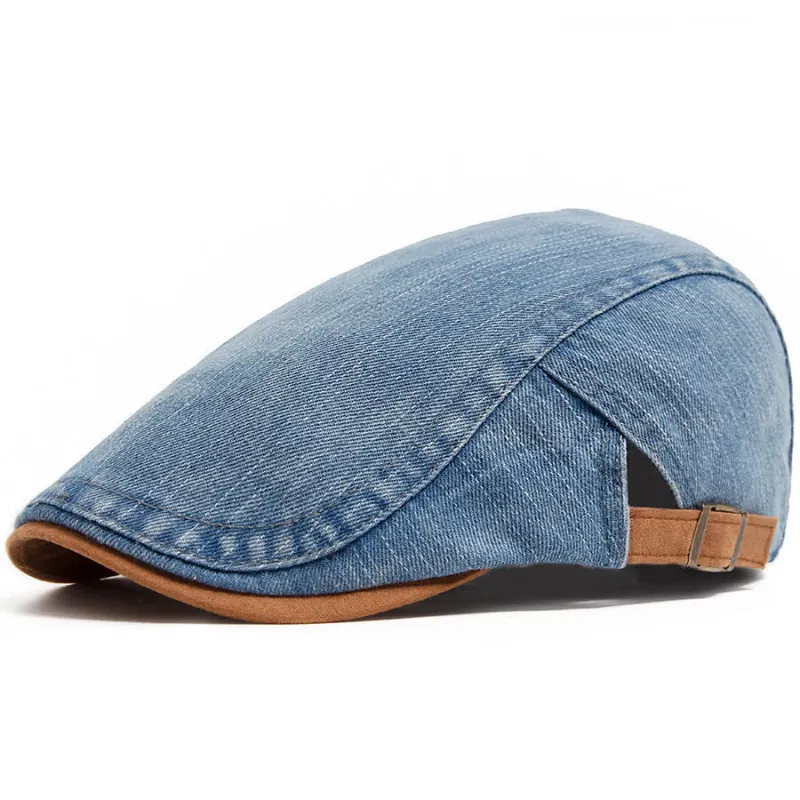 Contrast Color Washed Denim Flat Beret With Suede Brim made by FloralTrip