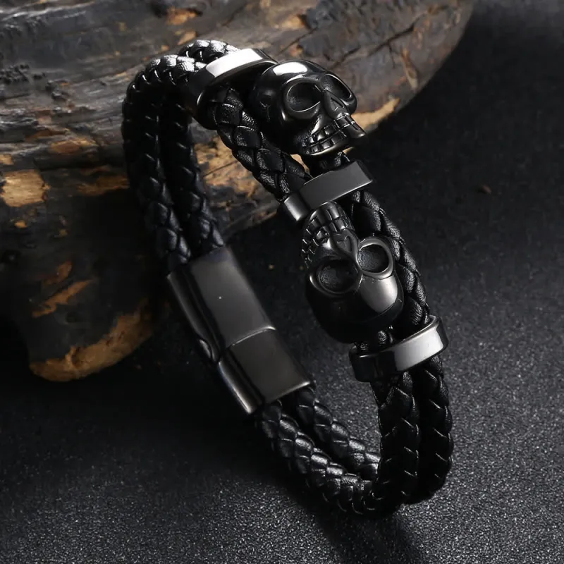 Gothic Double Skull Head Braided Genuine Leather Bracelet made by FloralTrip