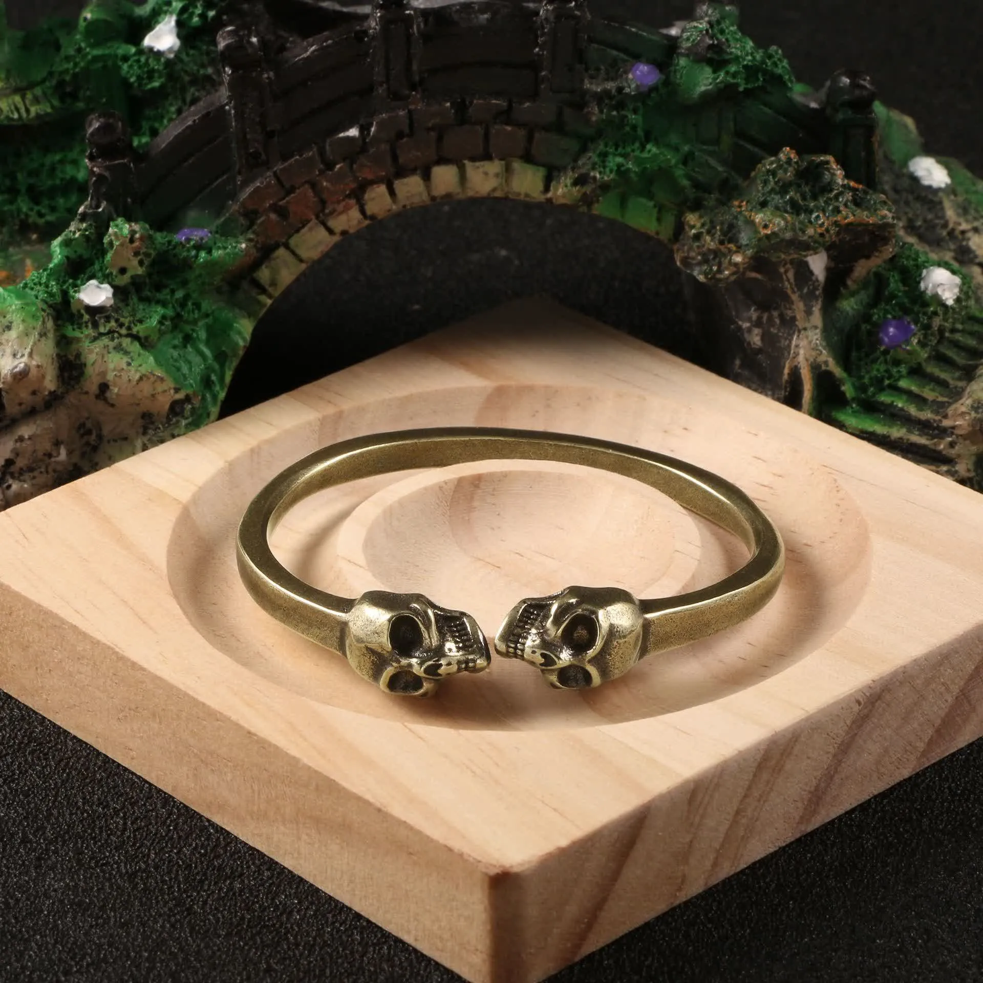 Gothic Bronze Double Skull Heavy Brass Open Cuff Bracelet sold by FloralTrip product image thumbnail 5