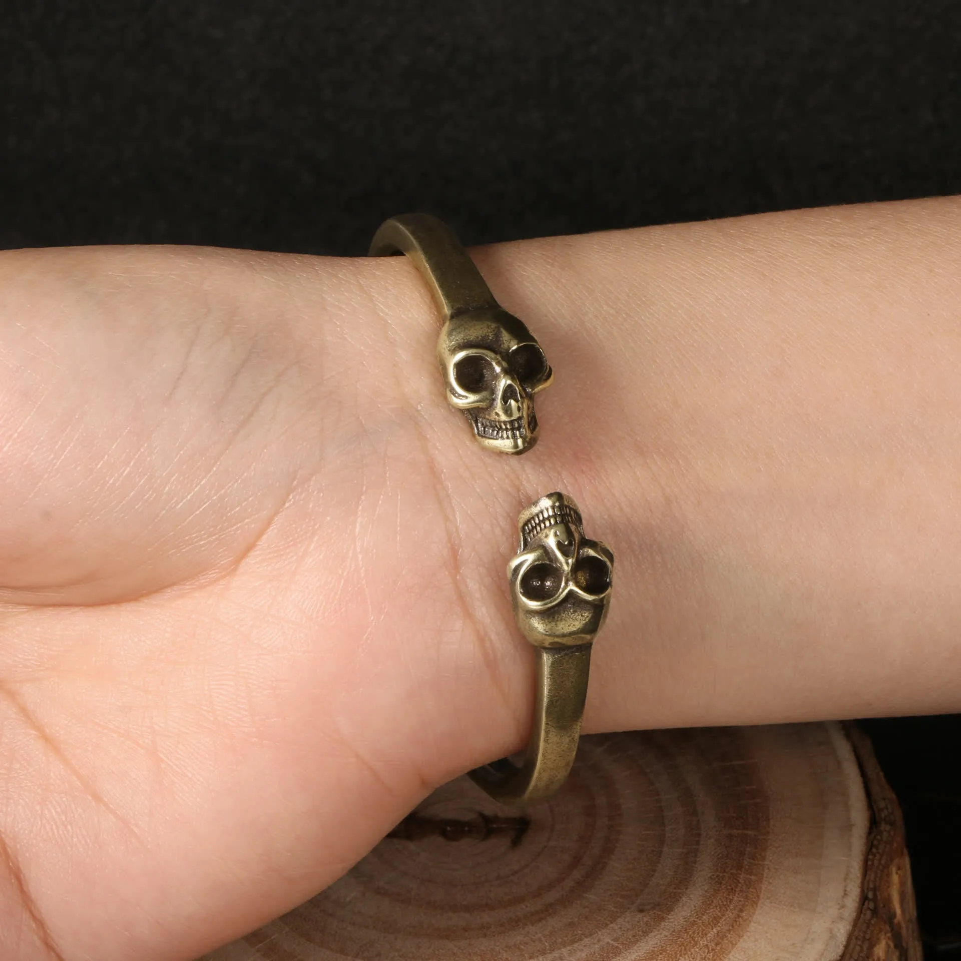 Gothic Bronze Double Skull Heavy Brass Open Cuff Bracelet sold by FloralTrip product image thumbnail 2