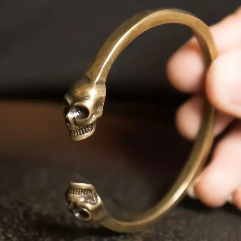 Gothic Bronze Double Skull Heavy Brass Open Cuff Bracelet sold by FloralTrip product image thumbnail 3
