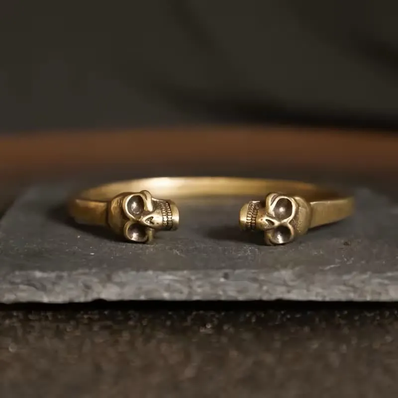 Gothic Bronze Double Skull Heavy Brass Open Cuff Bracelet sold by FloralTrip