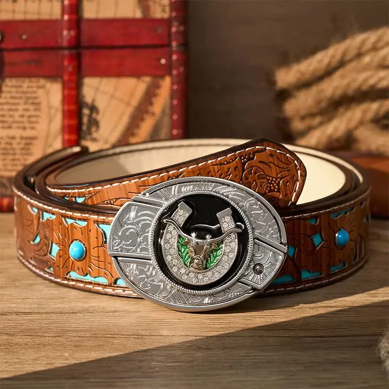 Rhinestone Longhorn Bull & Horseshoe DIY Hidden Folding Knife Buckle Leather Belt sold by FloralTrip product image thumbnail 4