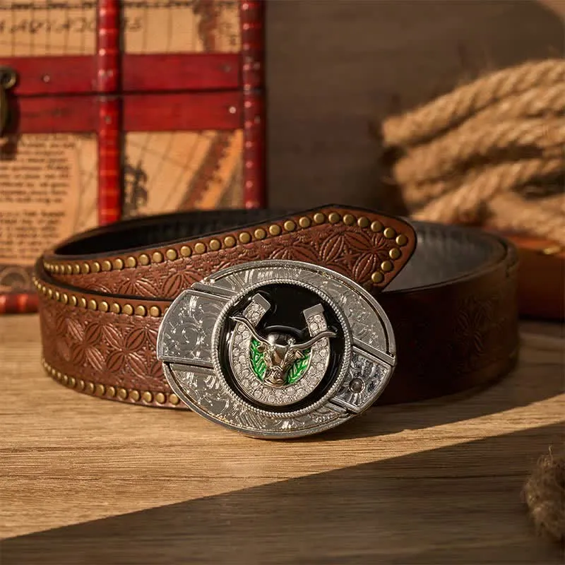Rhinestone Longhorn Bull & Horseshoe DIY Hidden Folding Knife Buckle Leather Belt sold by FloralTrip product image thumbnail 5