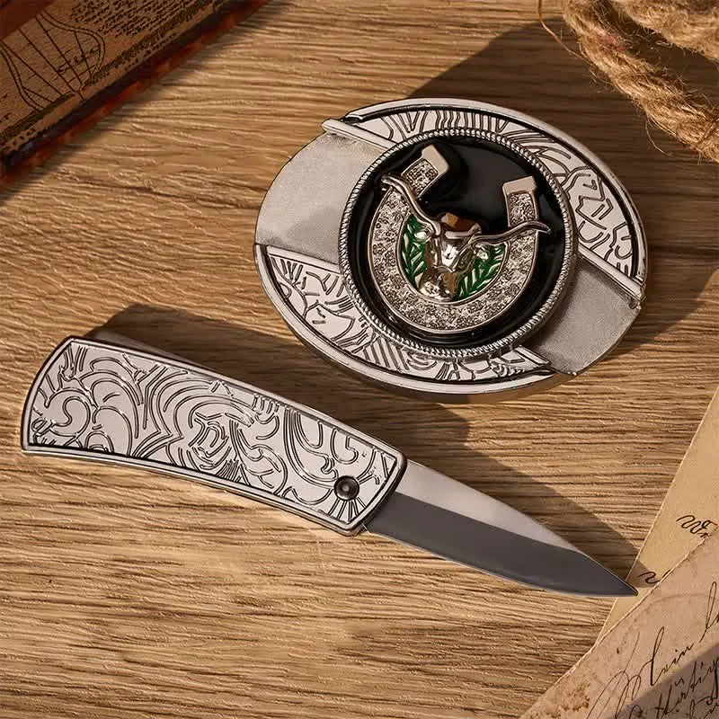 Rhinestone Longhorn Bull & Horseshoe DIY Hidden Folding Knife Buckle Leather Belt sold by FloralTrip product image thumbnail 2