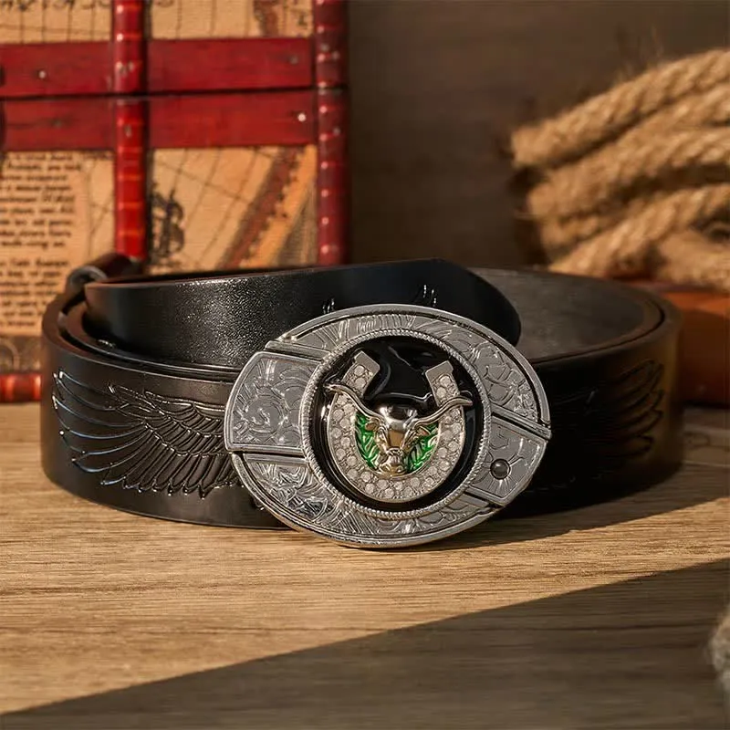 Rhinestone Longhorn Bull & Horseshoe DIY Hidden Folding Knife Buckle Leather Belt sold by FloralTrip product image thumbnail 3