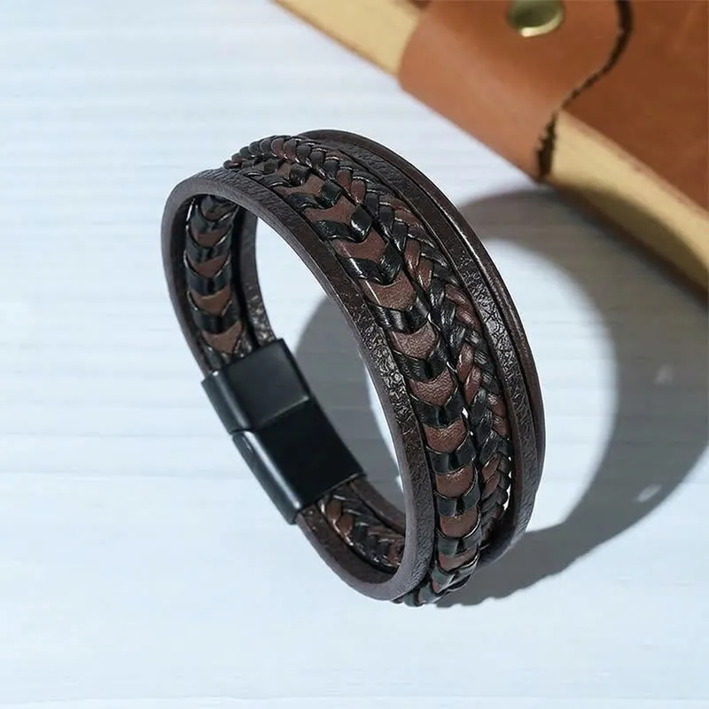 Western Men's Flat Braided Leather Magnetic Clasp Multi-layer Bracelet made by FloralTrip
