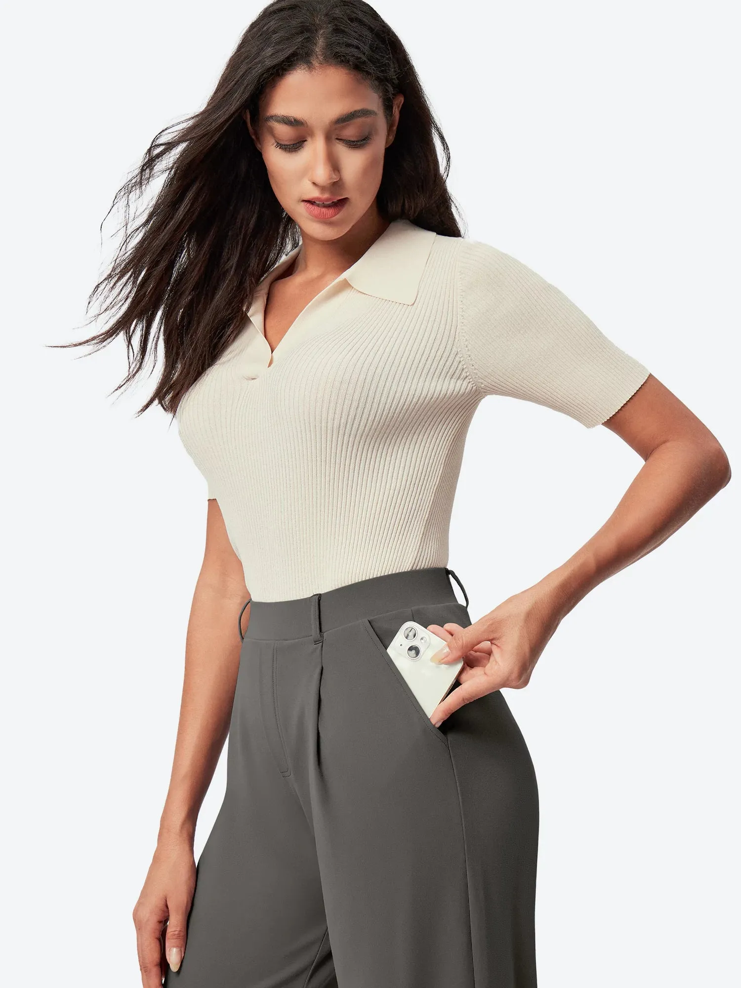 IUGA Wide Leg Pull On Stretchy Work Pants With Pockets sold by IUGA product image thumbnail 3