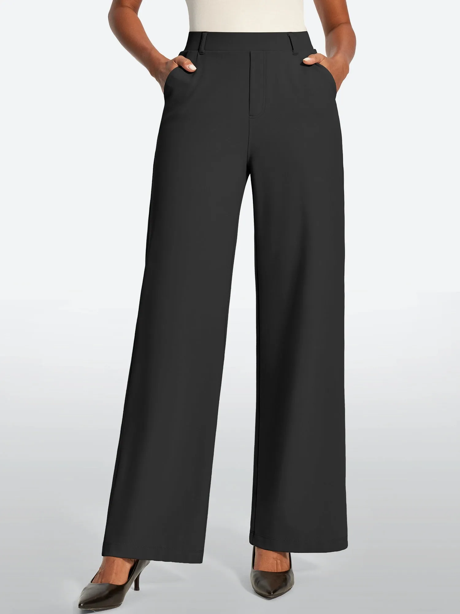 IUGA High Waisted Stretchy Wide Leg Pull On Work Pants With Pockets sold by IUGA