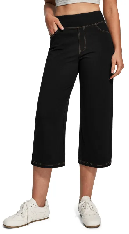 IUGA FlexDenim® Pull On Stretchy High Waisted Wide Leg Capri Jeans With Pockets made by IUGA