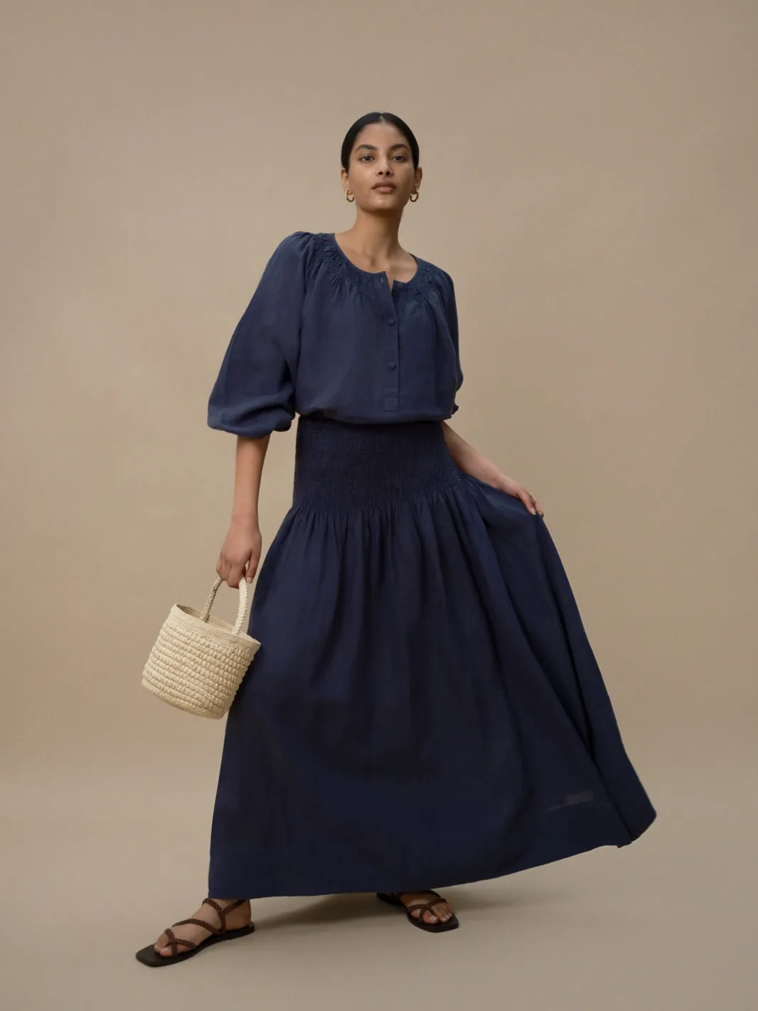 SULA - Dusty Navy Linen Skirt sold by Mondo Corsini