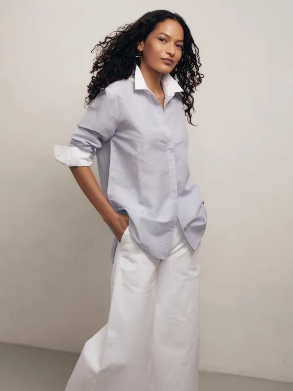 YVES - Blue and White Pinstripe Linen Weave Shirt sold by Mondo Corsini