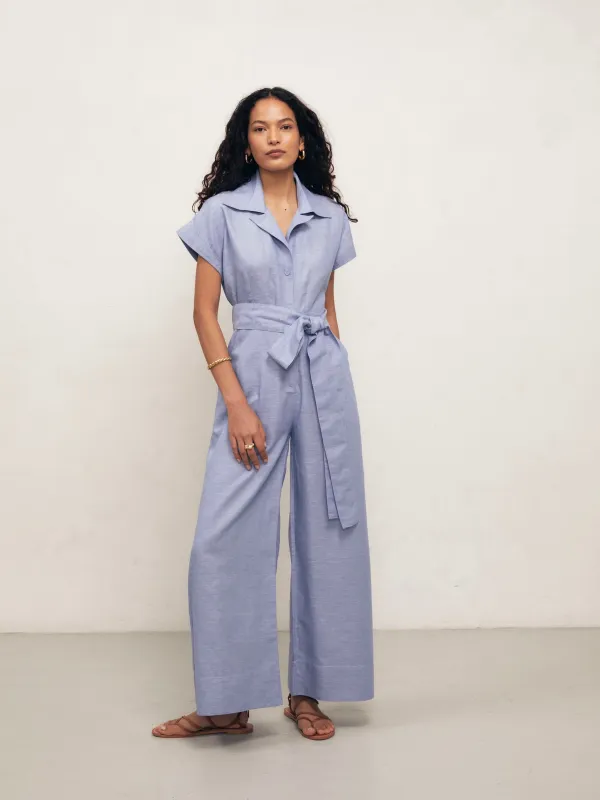 TERESA - Blue Linen Chambray Jumpsuit sold by Mondo Corsini