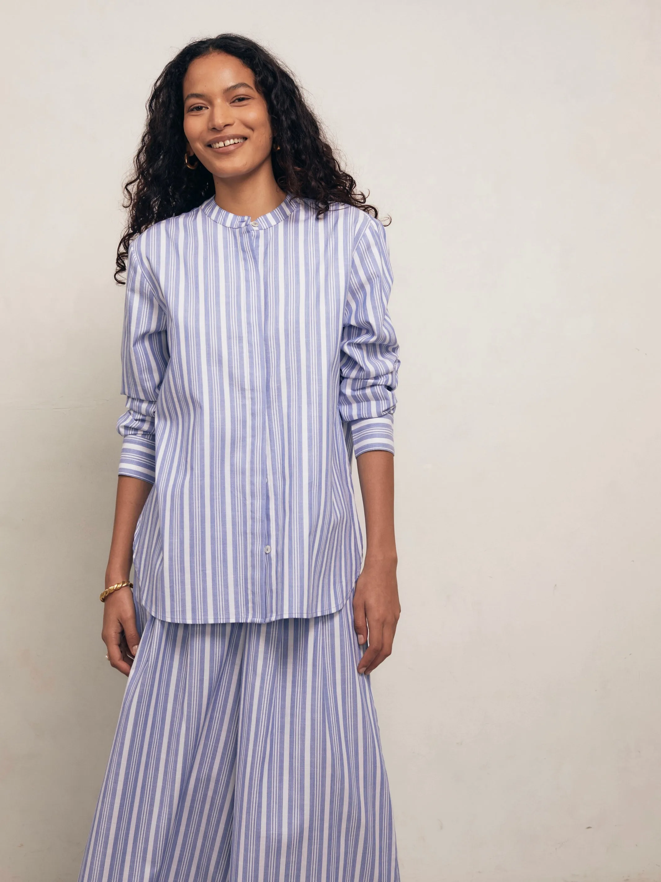 Pierre Shirt - Blue Tented Stripe Woven Linen Cotton sold by Mondo Corsini