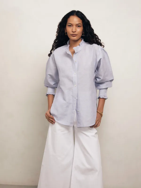 JO - Blue and White Pinstripe Linen Weave sold by Mondo Corsini