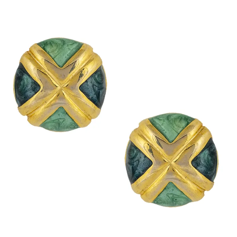 Vintage Green and Gold Cross Stud Earrings sold by Mondo Corsini
