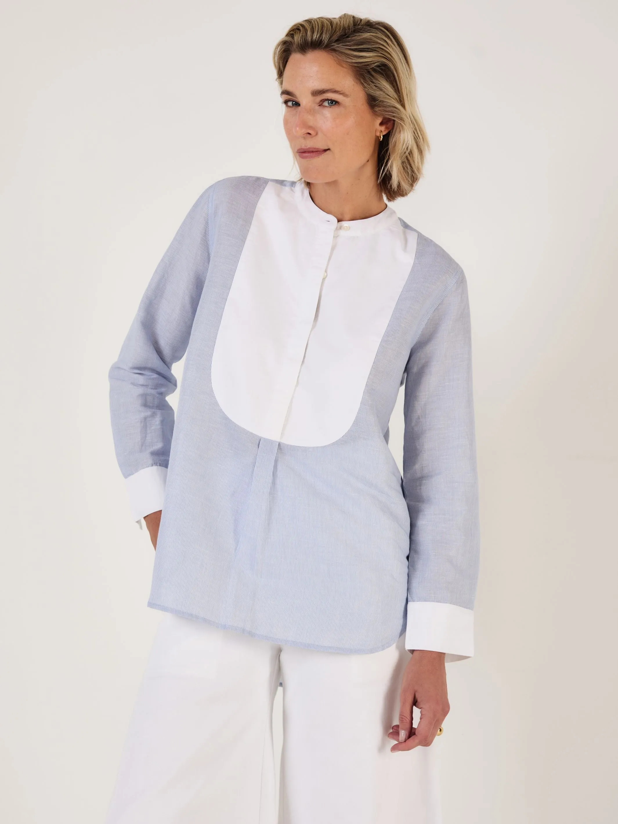 Tuxedo Shirt - Blue and White Pinstripe with contrast bib sold by Mondo Corsini