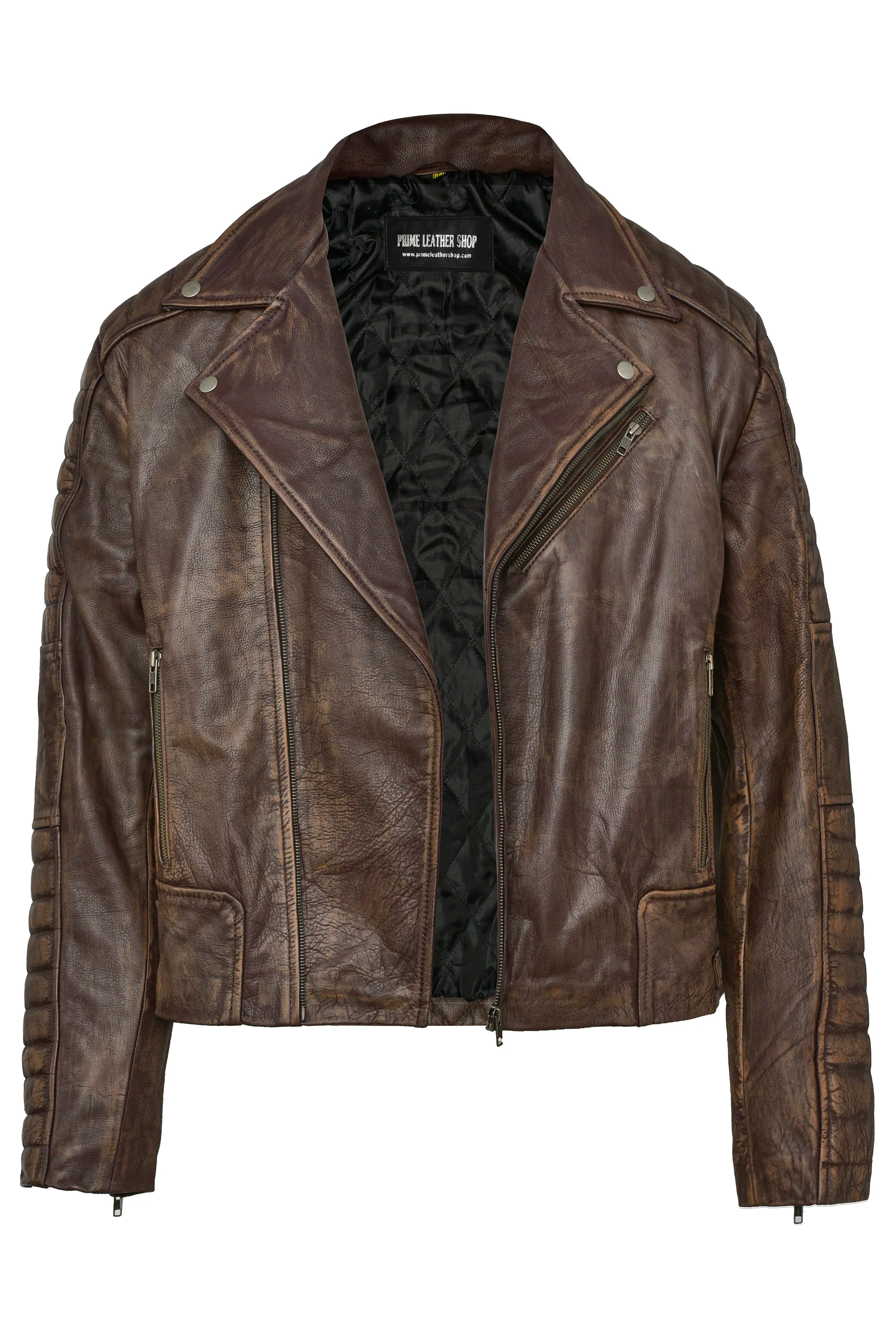 Distressed Brown Biker Leather Jacket sold by Prime Leather Shop product image thumbnail 2