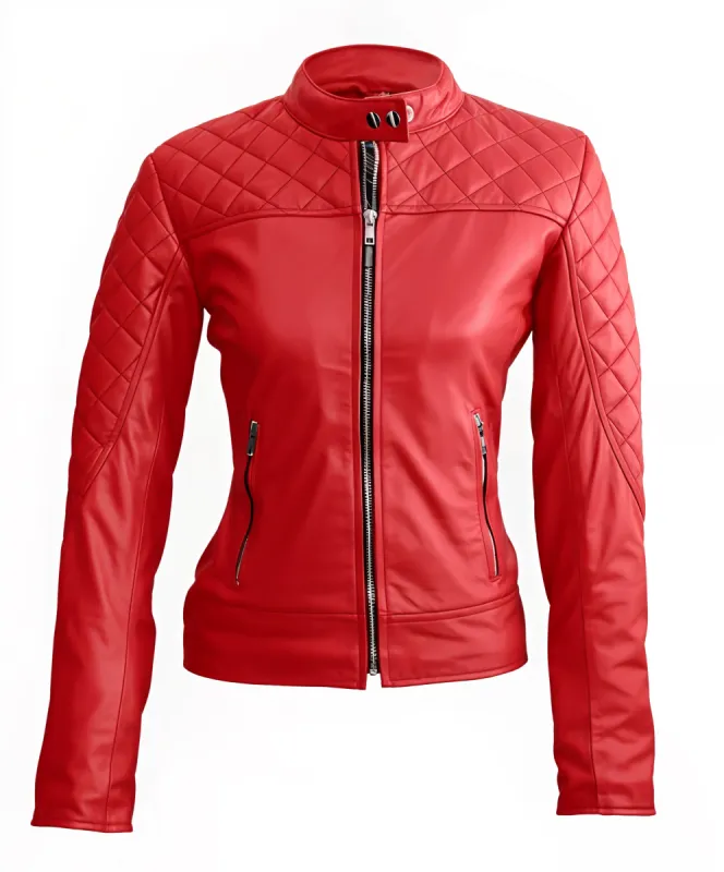Women's Red Leather Bomber Jacket made by Prime Leather Shop
