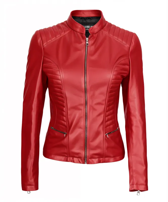 Sylvia Red Biker Leather Jacket sold by Prime Leather Shop