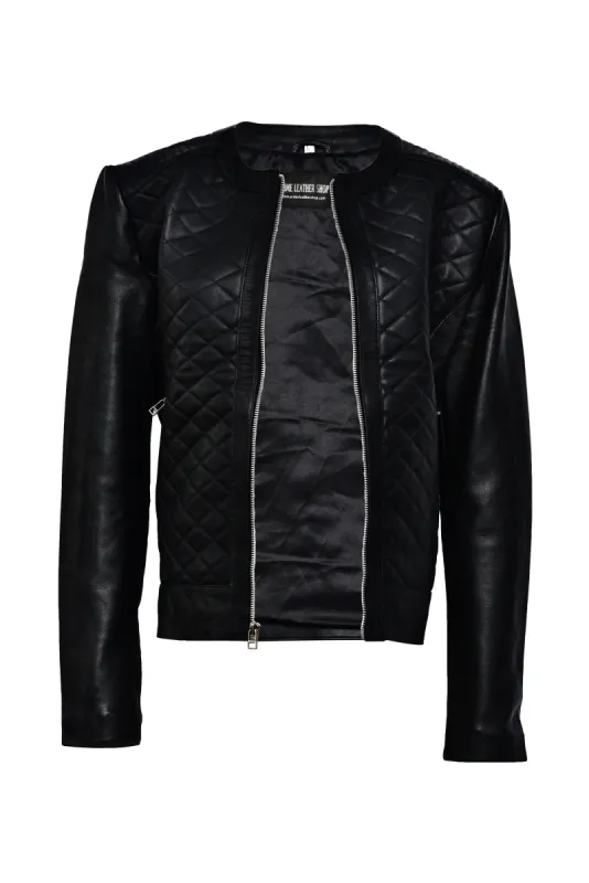 Collarless Black Leather Jacket sold by Prime Leather Shop