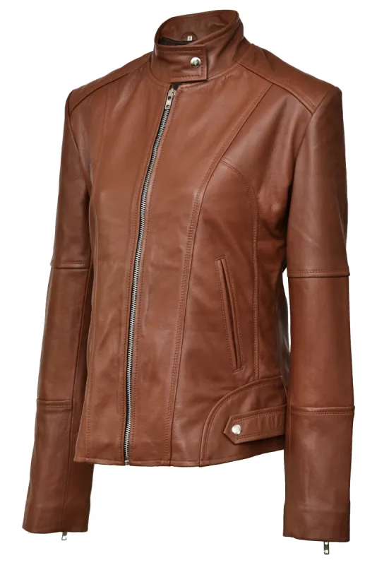 Serena Brown Biker Leather Jacket sold by Prime Leather Shop