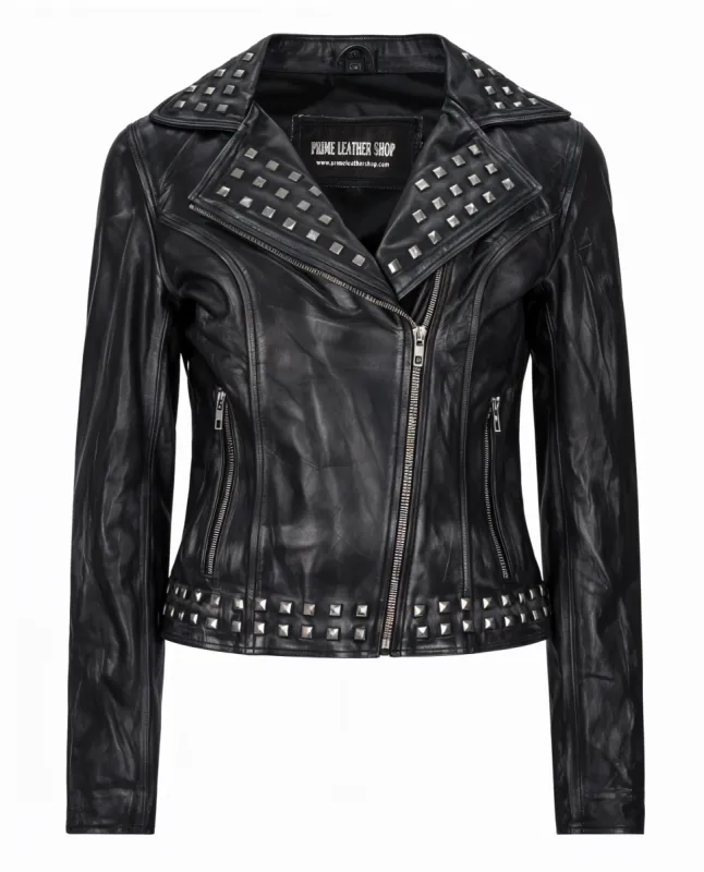 Angie Black Biker Leather Jacket sold by Prime Leather Shop