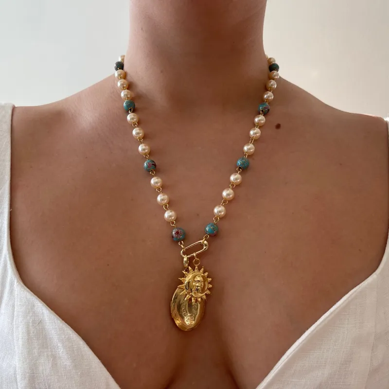 Charm Holder Necklace Base - Cloisonné Faux Pearl 8mm sold by The Sage Vintage