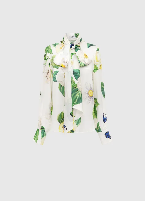 Freya Tie Neck Silk Blouse - Joie Print in Snow made by LEO LIN