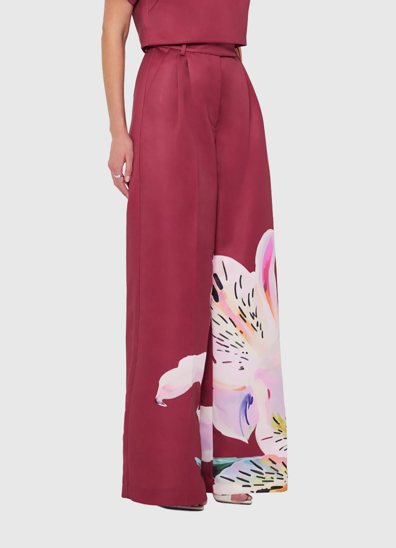 Elisha Wide Leg Pants - Lily Print in Burgundy sold by LEO LIN product image thumbnail 3
