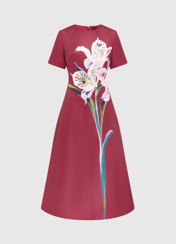 Caroline Short Sleeve Midi Dress - Lily Print in Burgundy sold by LEO LIN