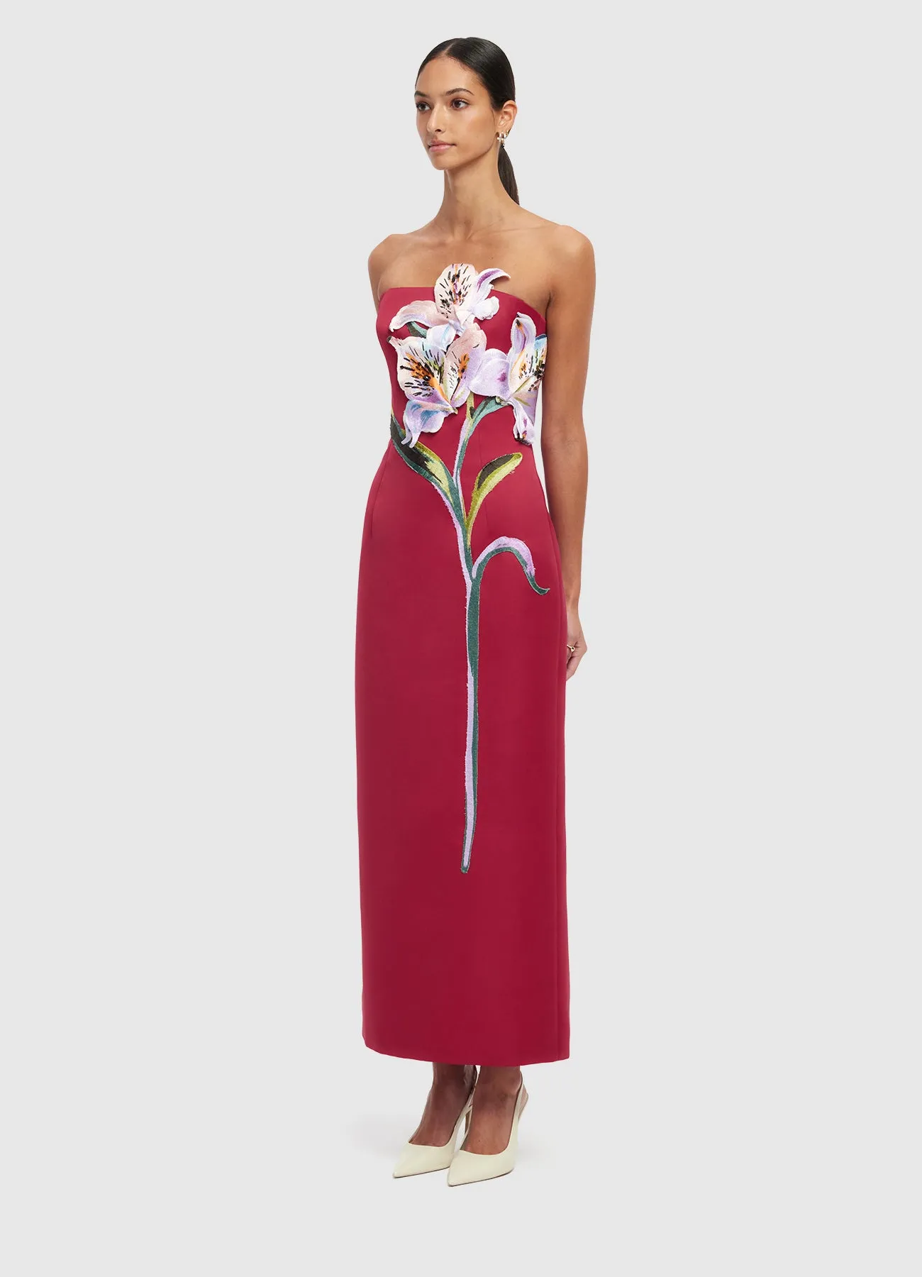 Rayna Appliqué Floral Maxi Dress - Lily Print in Oxblood sold by LEO LIN product image thumbnail 3