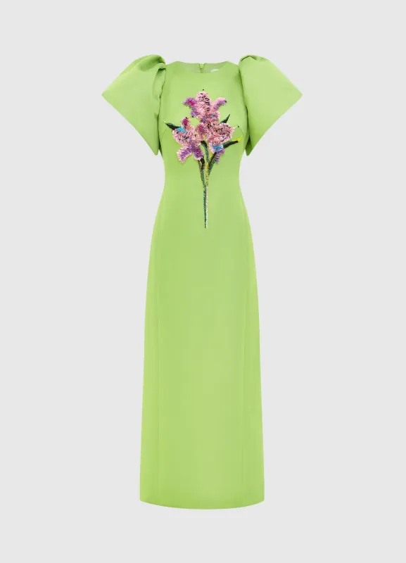 Lucinda Embellished Maxi Dress - Lily Print in Parakeet sold by LEO LIN